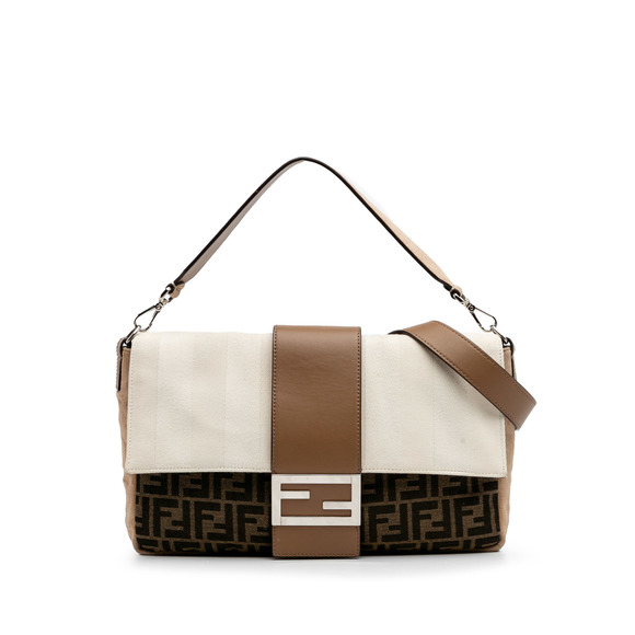 Fendi Handbags - Pre-Loved Fendi Large Zucca and Pequin Canvas Convertible Baguette Satchel